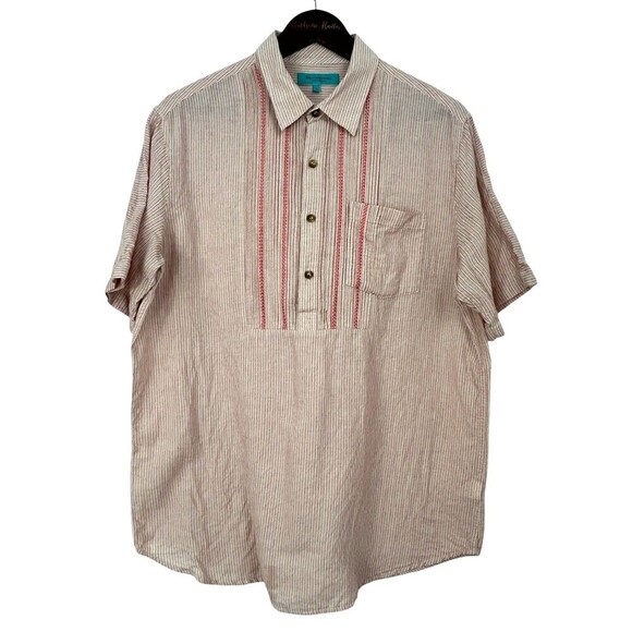 British India Traveller Mens Size L Red Striped Blouse Embroidered Tunic Top H2 - Picture 1 of 11